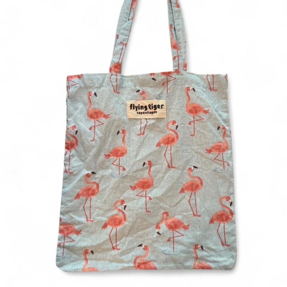 FLYING TIGER Copenhagen Blue and pink Flamingo Tote Bag 13”x14.5”